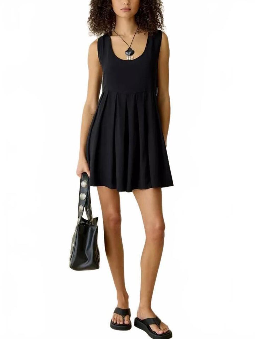 UO Popover Pleated Babydoll Mini Dress Urban Outfitter Black XS